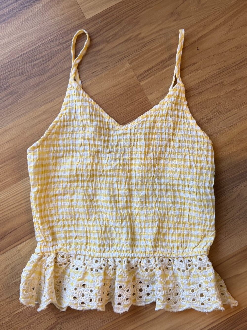 Sim & Sam Womens Yellow Gingham Smocked Eyelet Lace Peplum